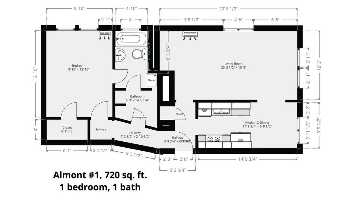 Floor plan, Almont #1, 720 sq. ft., 1 bedroom, 1 bath