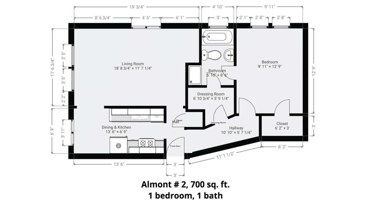 Floor plan, Almont #2, 700 sq. ft., 1 bedroom, 1 bath