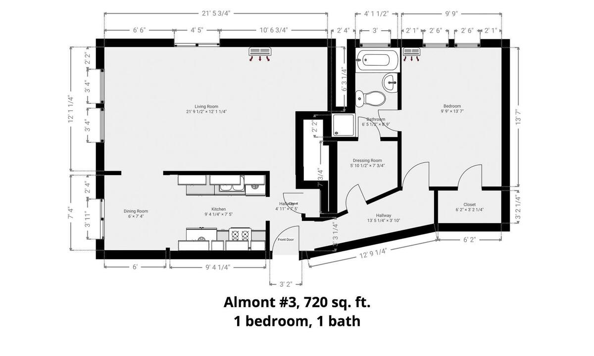 Floor plan, Almont #3, 720 sq. ft., 1 bedroom, 1 bath