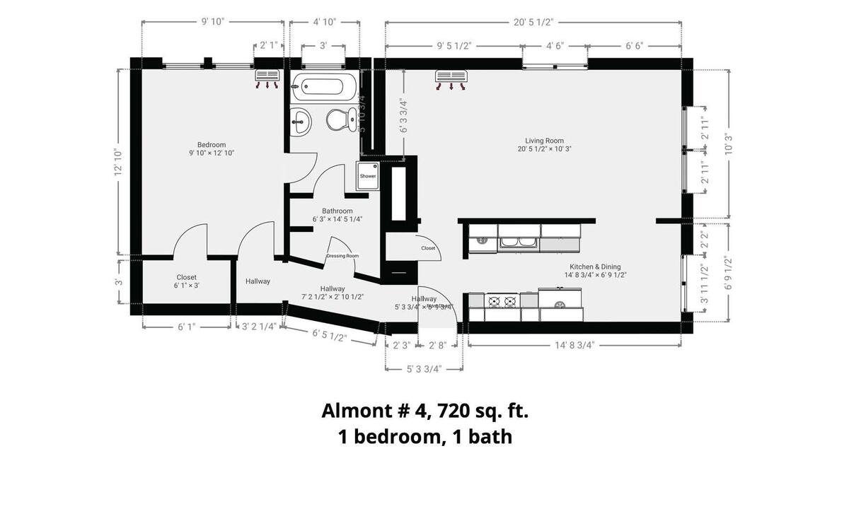 Floor plan, Almont #4, 720 sq. ft., 1 bedroom, 1 bath