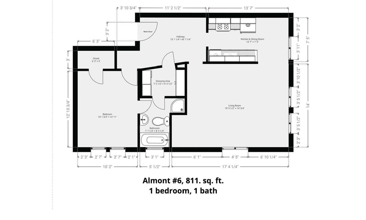 Floor plan, Almont #6, 811 sq. ft., 1 bedroom, 1 bath