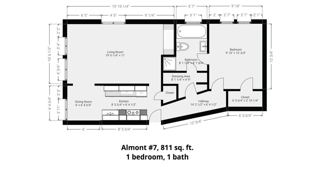 Floor plan, Almont #7, 811 sq. ft., 1 bedroom, 1 bath