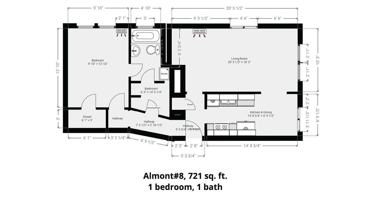 Floor plan, Almont #8, 721 sq. ft., 1 bedroom, 1 bath