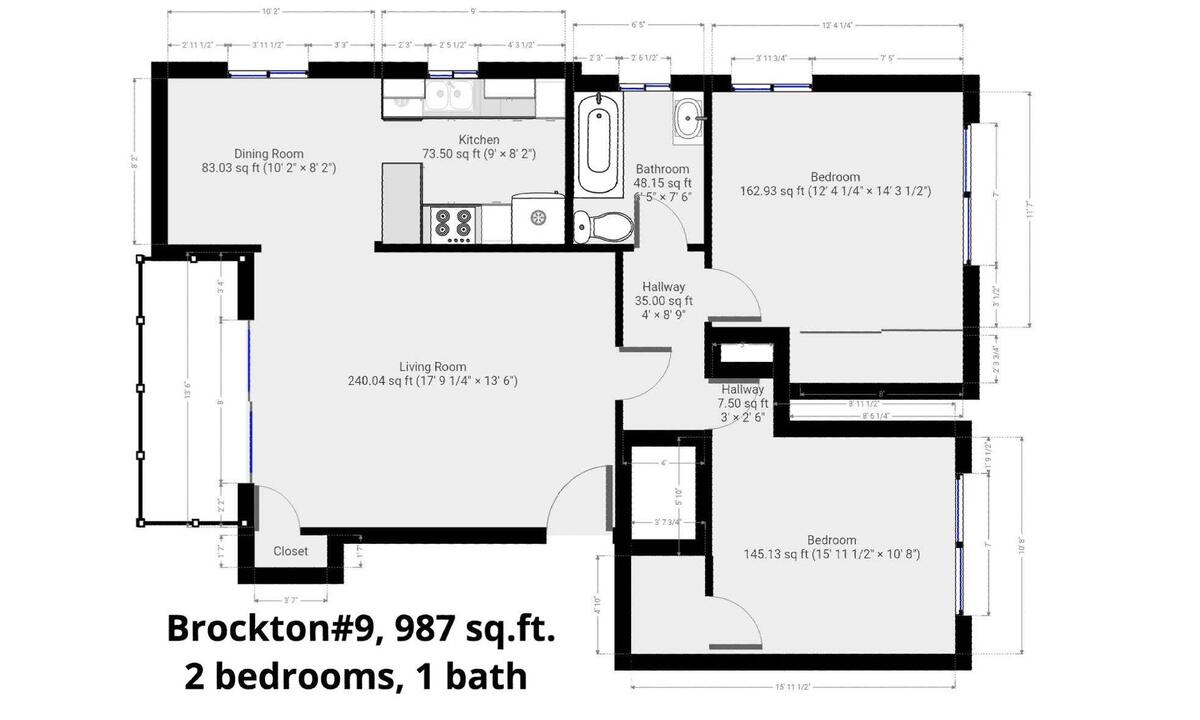 Floor plan, Unit 9, 2 beds, 1 bath, ground floor