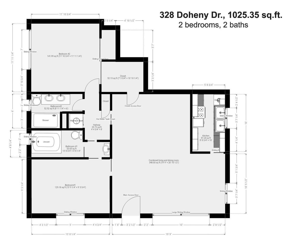 Floor plan, 328 Doheny Dr., 1025.35 sq. ft., 2 bedrooms, 2 baths