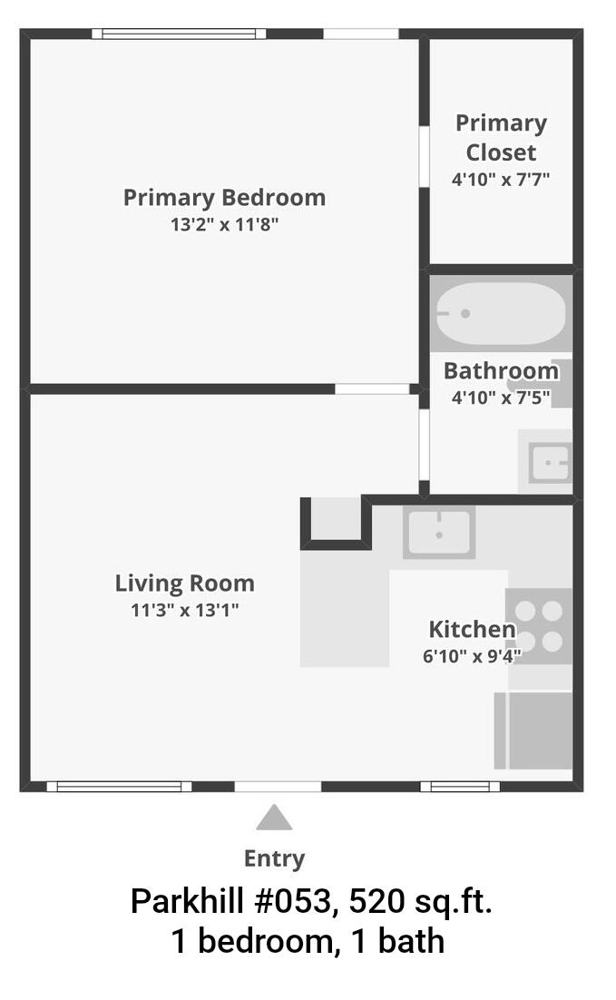 Floor plan, Parkhill #053, 520 sq. ft., 1 bedroom, 1 bath