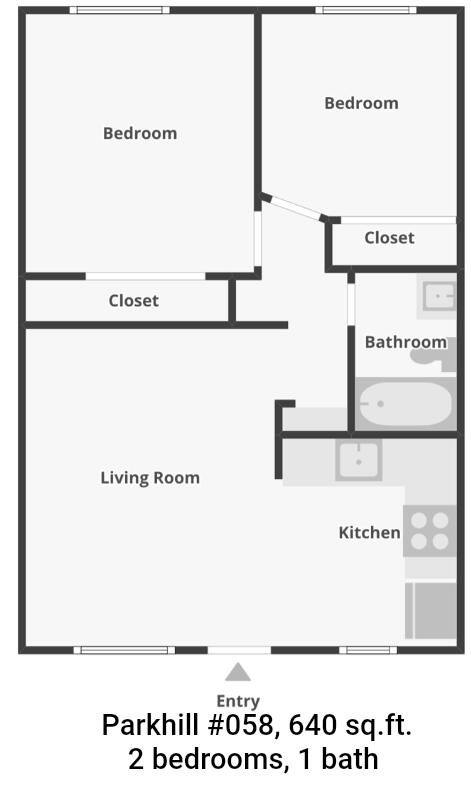 Floor plan, Parkhill #058, 640 sq. ft., 2 bedrooms, 1 bath