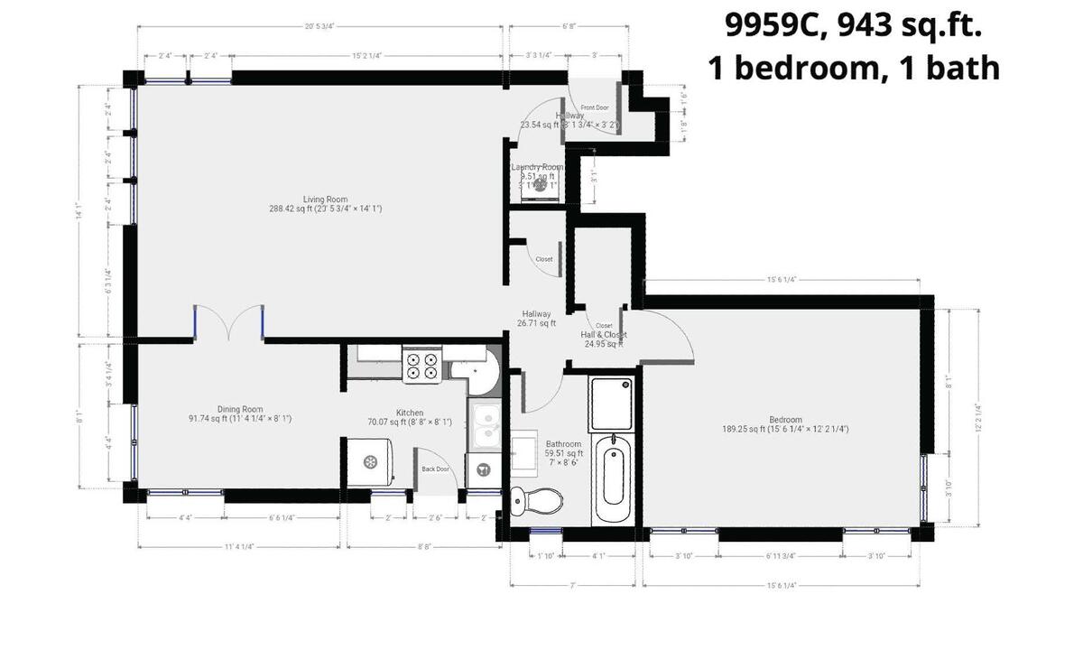 Floor plan, 9959 C, 1 bedroom, 1 bath