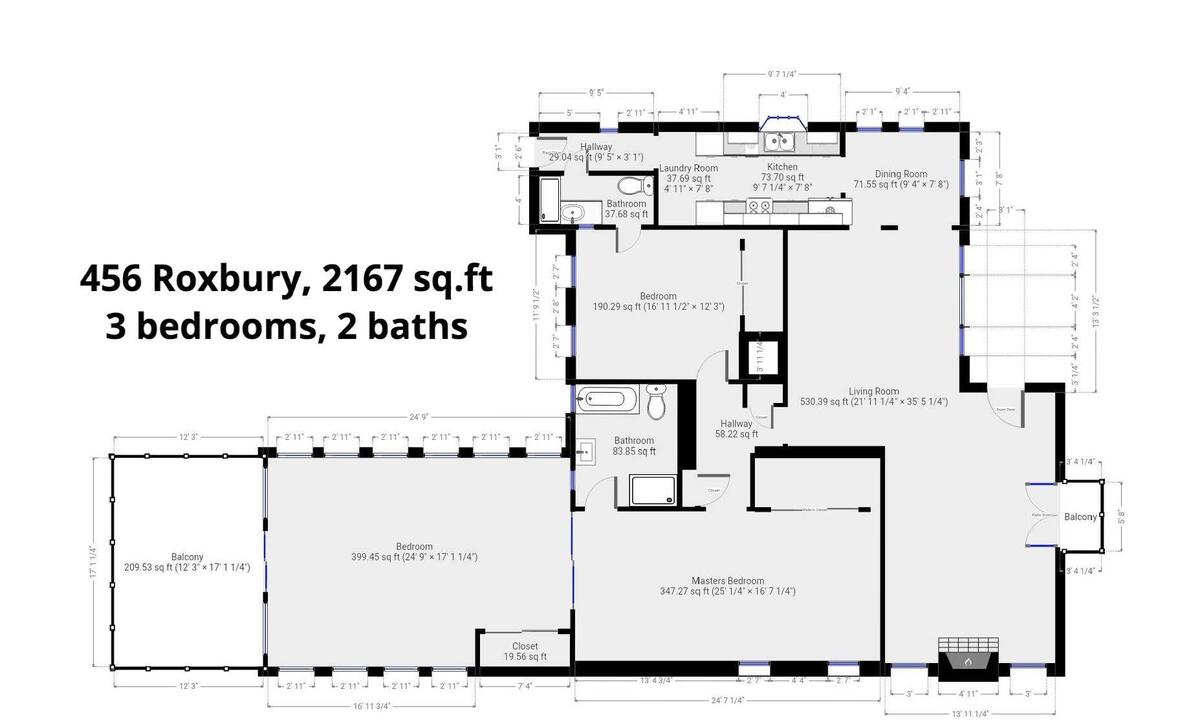 Floor plan, 456 Roxbury, ground floor, 3 bedrooms, 2 bathrooms