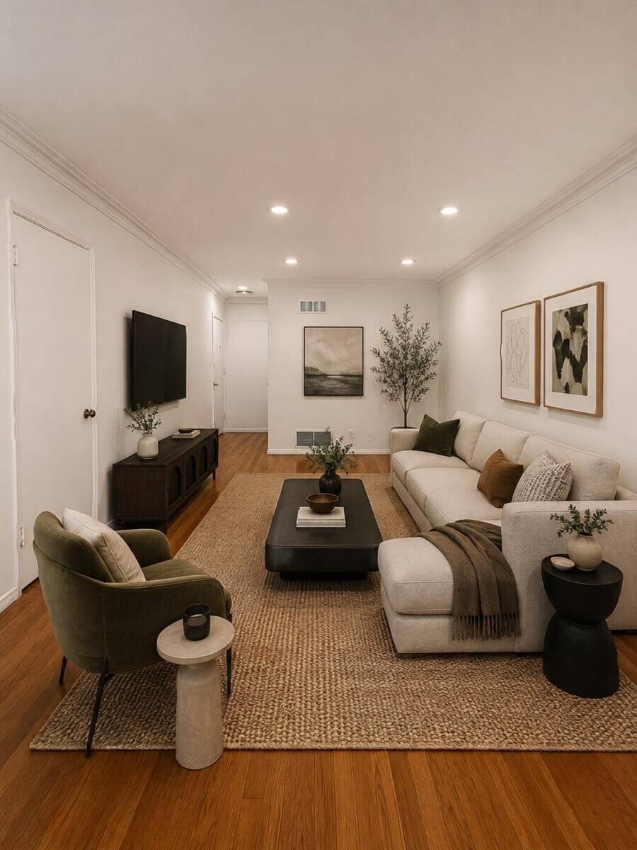 Living room at Doheny Properties, virtually furnished